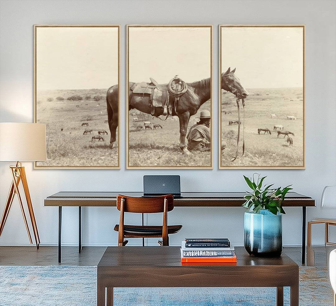 Cowboy Wall Art - Vintage Western Horse Canvas Print features a cowboy kneeling by his horse in a field.