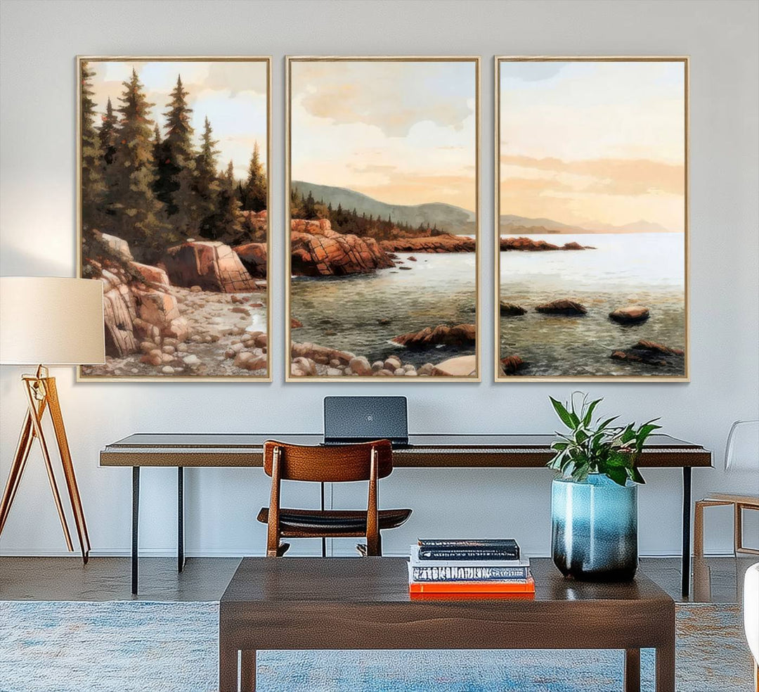 The Serene Coastal View of Acadia National Park 3-panel canvas, framed and ready to hang, adorns the wall.