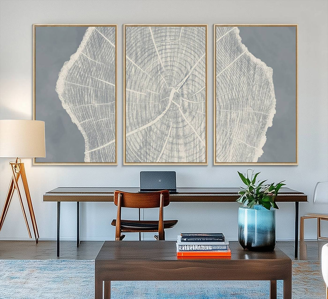 A gray wall displays the Abstract Tree Ring Wall Art print.