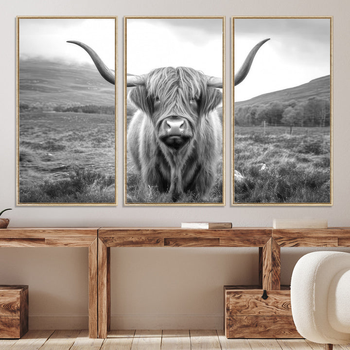 Black White Scottish Highland Cow Canvas Farm Wall Art Canvas Print