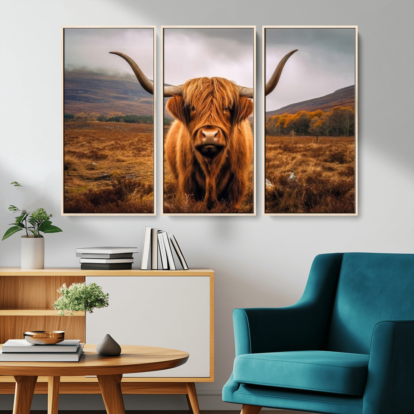 -Highland Cow Longhorn Wall Art – Rustic Canvas Print, Framed and Ready to Hang for Farmhouse Décor