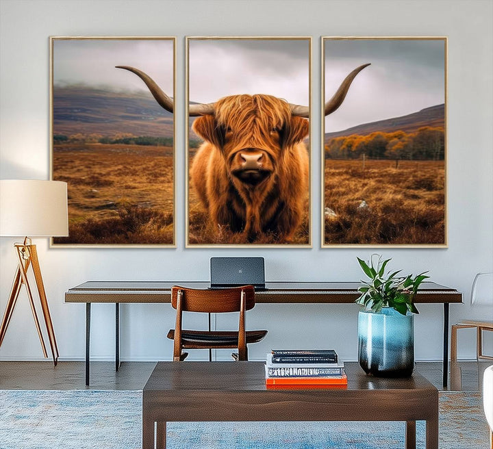 Highland Cow Longhorn Canvas Print, framed, on a wooden wall.