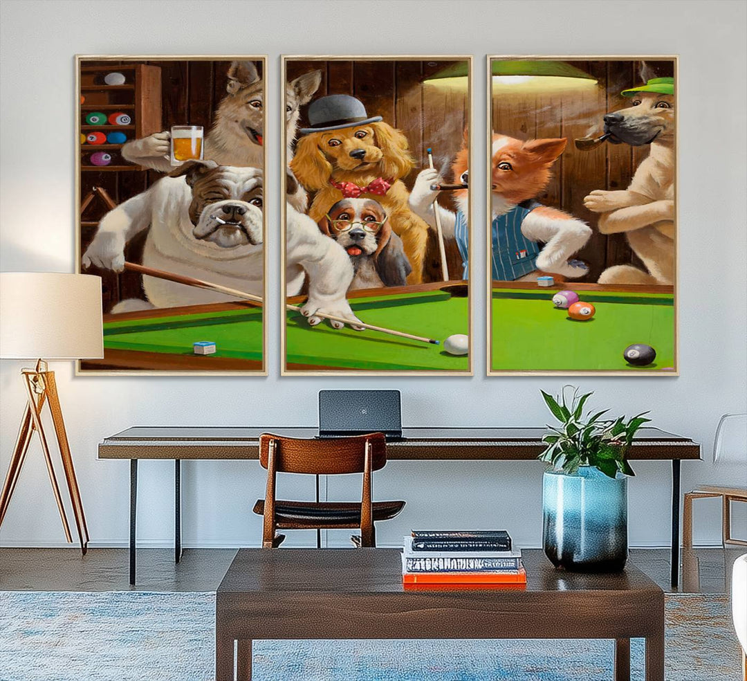 Dogs Playing Pool Canvas Wall Art: This artwork depicts a room where dogs are engaged in a game of pool. One dog is poised to cue while others observe the scene.