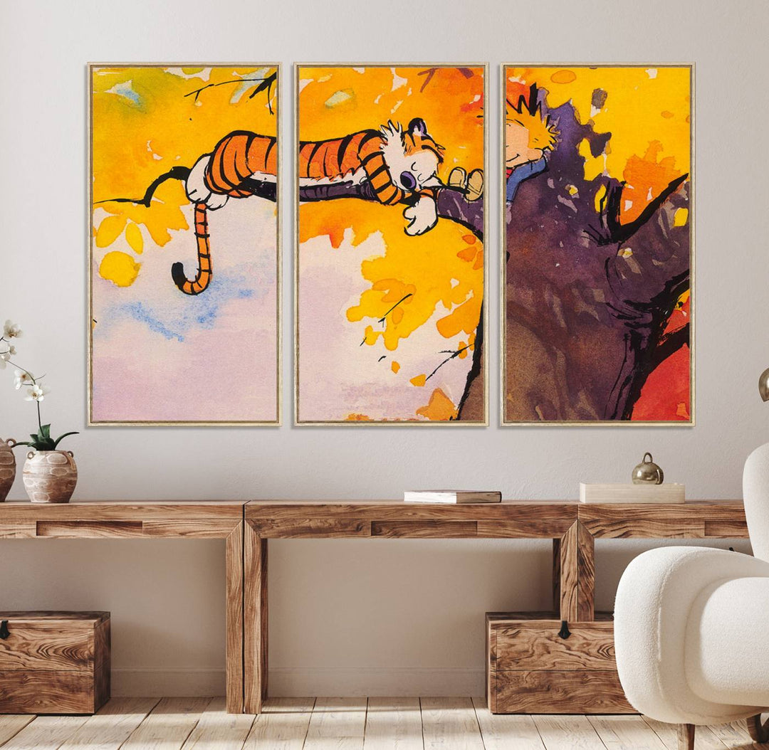 Premium canvas Calvin Wall Arts featuring a boy and tiger relaxing on a branch.