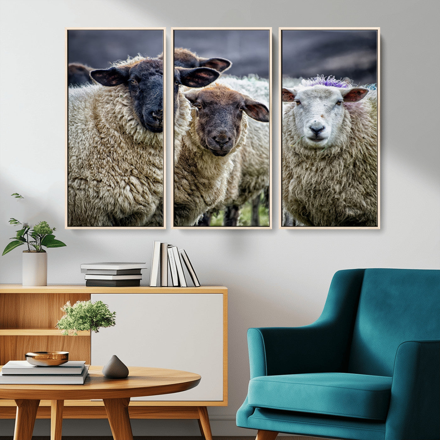 -Charming Sheep Portrait Wall Art – Trio of Woolly Companions Canvas Print, Framed, Ready to Hang