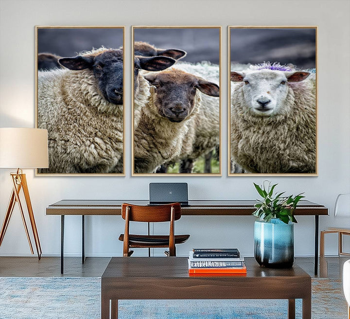 The Charming Sheep Portrait Wall Art hangs on a wooden wall.