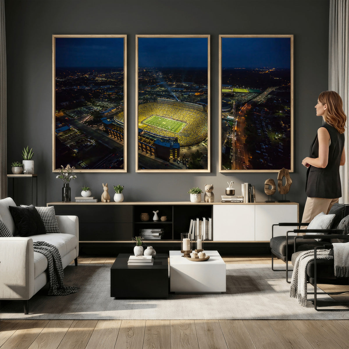 33588-MGV-CV-36X24 - Michigan Stadium Night Game Wall Art | Sports Arena Aerial View Canvas