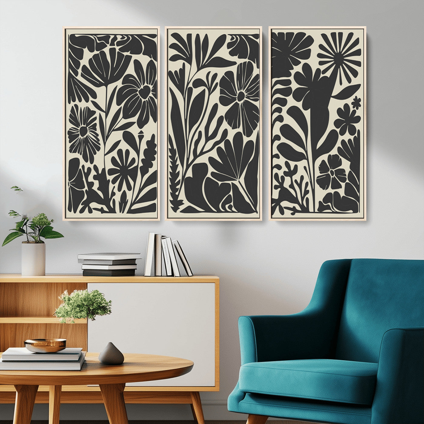 MGV-FC-48X32-3P - Modern Botanical Wall Art - Floral Black and White Canvas Print, Framed, Ready to Hang