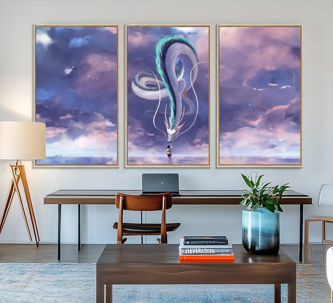 The Spirited Away Haku and Chihiro poster captures a cherished scene for anime lovers under a colorful, cloudy sky.