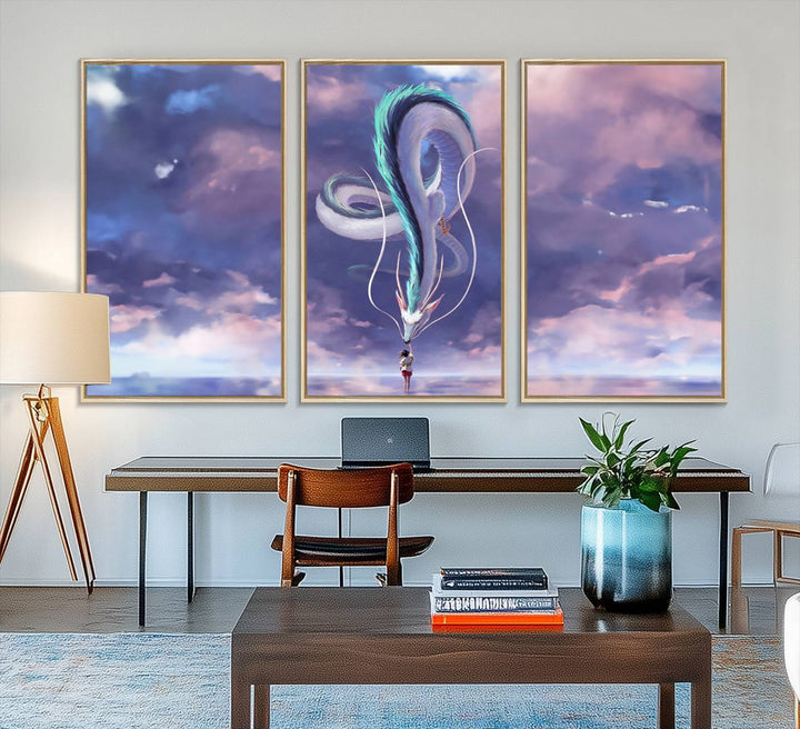 The Spirited Away Haku and Chihiro poster captures a cherished scene for anime lovers under a colorful, cloudy sky.