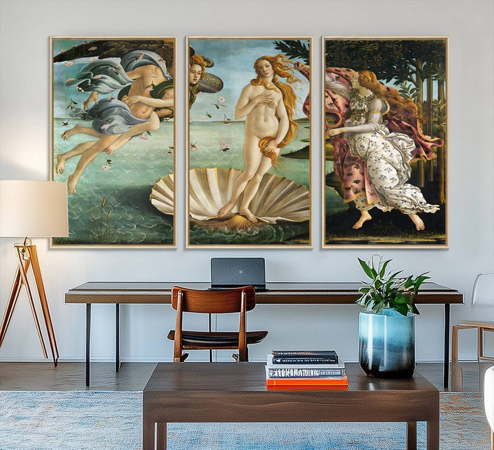 A canvas print of Botticellis The Birth of Venus is displayed on the wall.