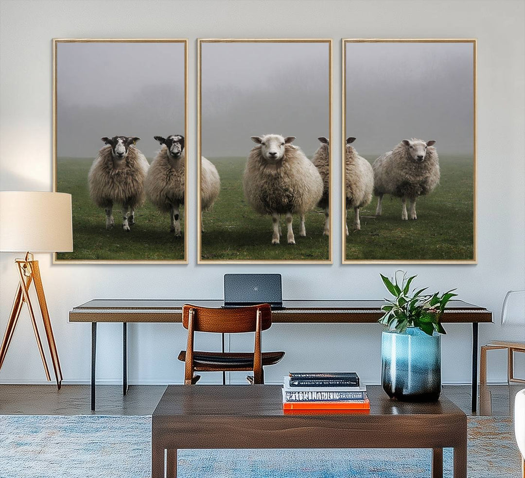 The Flock of Sheep in a Mystical Fog canvas print is framed and ready to hang.