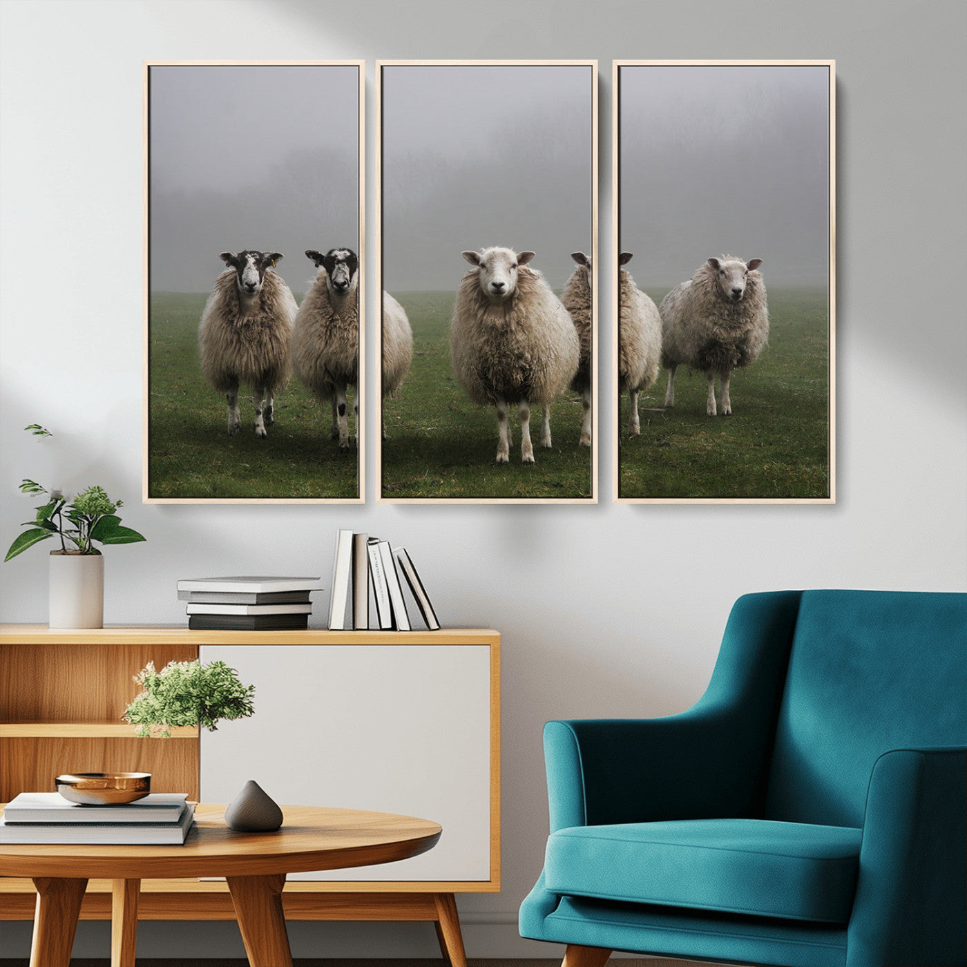 -Flock of Sheep in a Mystical Fog – Pastoral Wall Art Canvas Print, Framed, Ready to Hang