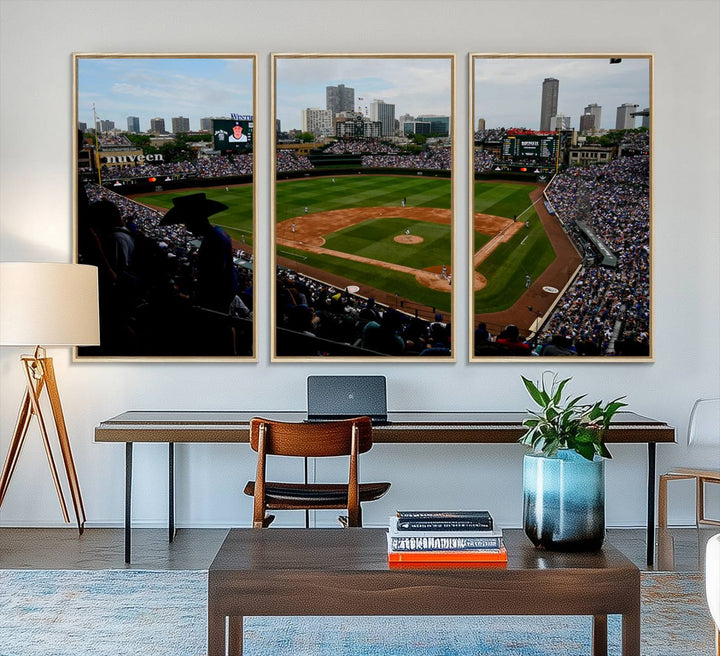 Admire this museum-quality canvas print of a Chicago Cubs game with a cityscape view from the stands at Wrigley Field.