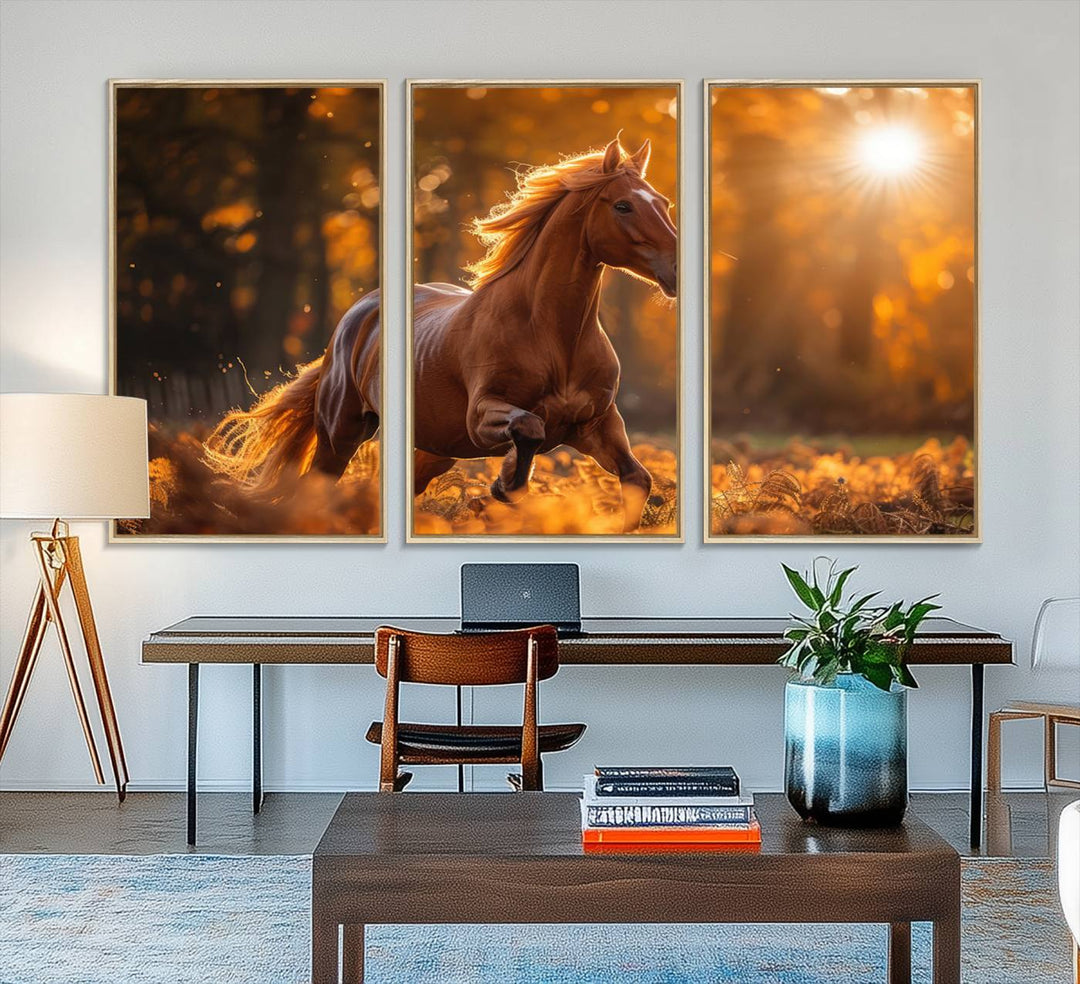 The Running Horse Sunset Forest Wall Art Canvas Print showcases a gallop in an autumn forest with sunlight streaming through the trees.