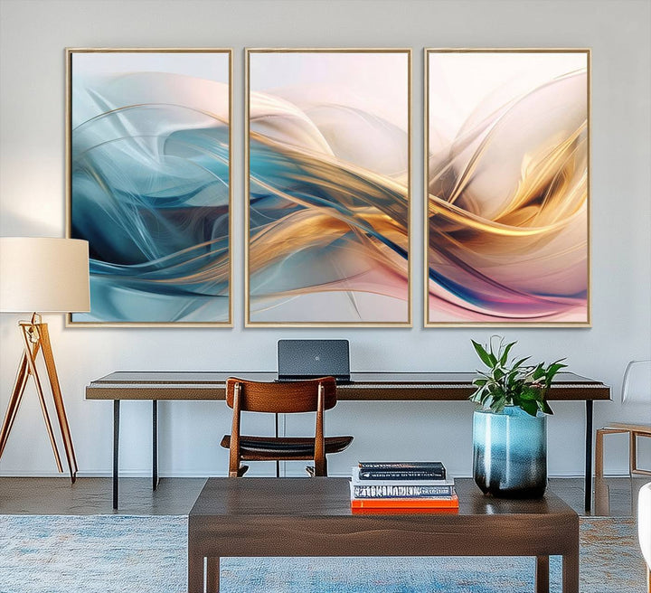 Abstract Flowing Colors Wall Art featuring blue, gold, and pink adds modern elegance to the space.