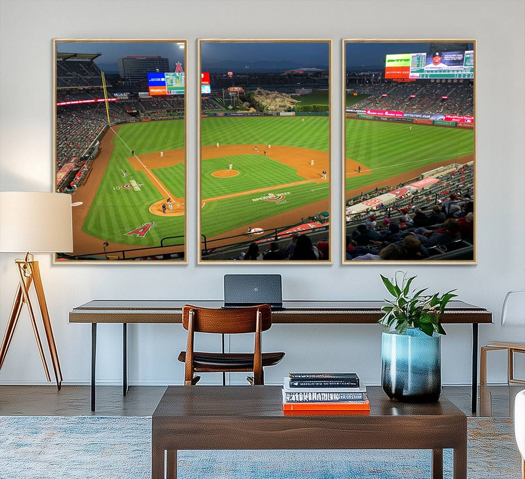 The Angel Stadium Aerial View canvas print of an Angels baseball game is showcased.