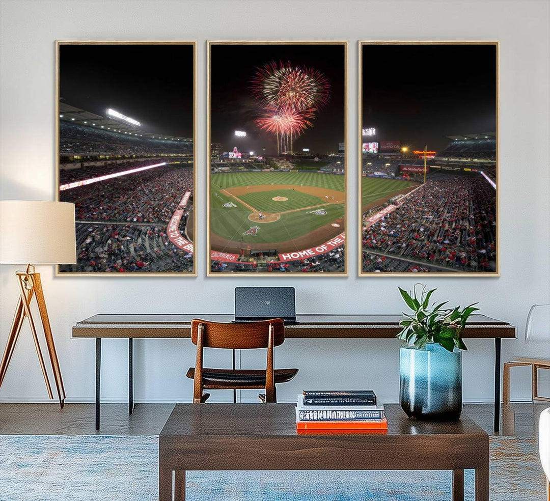 Fireworks at Angel Stadium – LA Angels Night Game Canvas Print, framed and ready to hang.