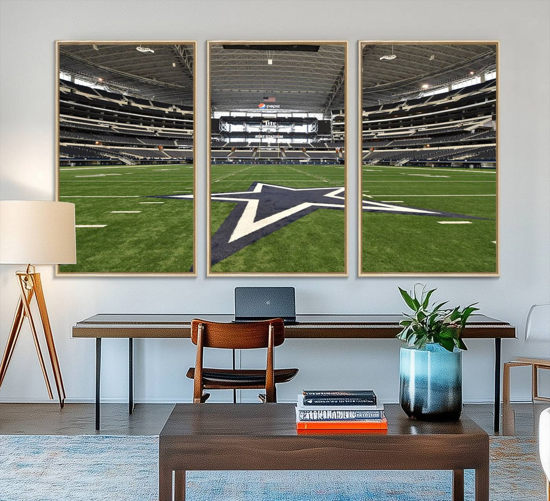 AT&T Stadium Dallas Cowboys Canvas Print displayed above a dining table.