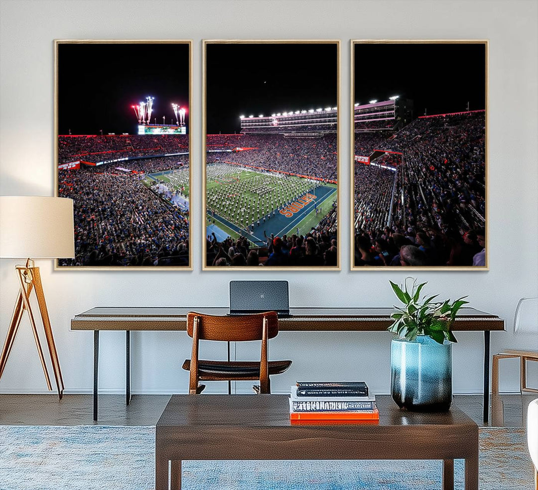 The Gators Night Game Canvas Art captures a lively night at Ben Hill Griffin Stadium with vibrant fireworks and the energy of a live band.