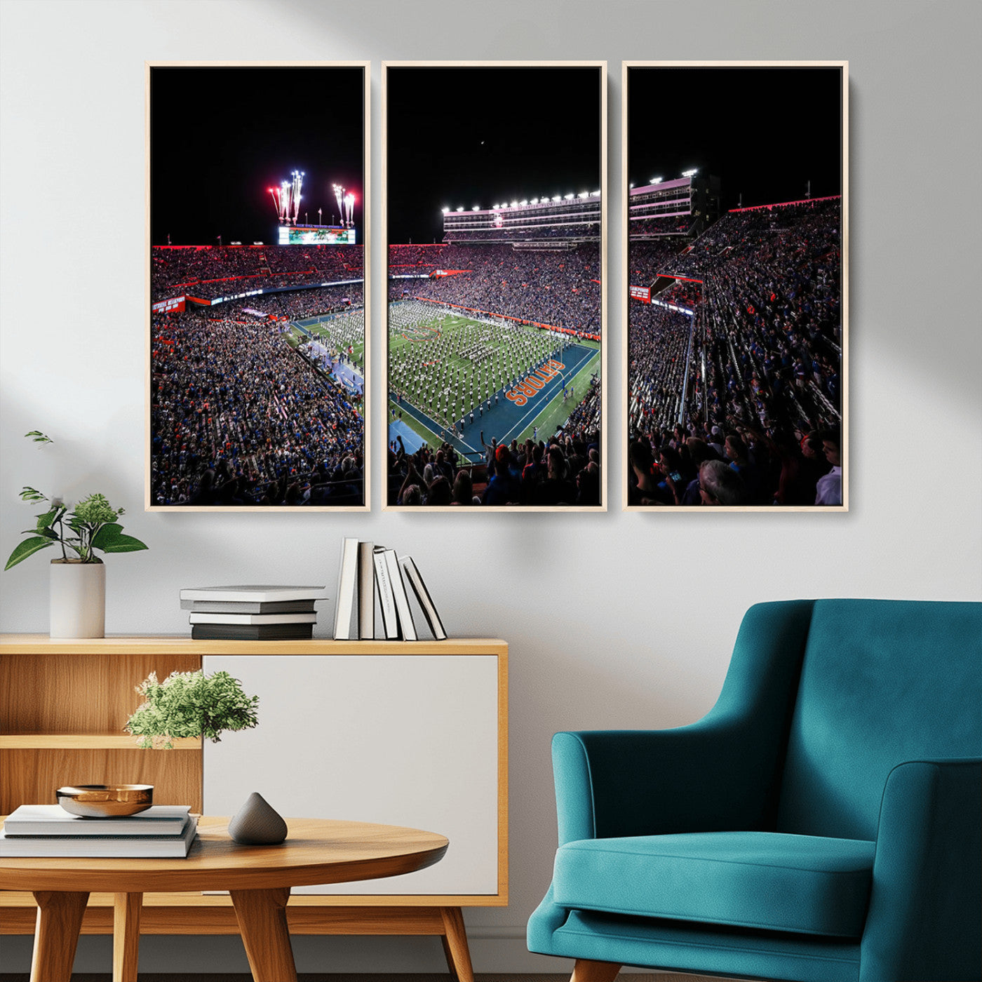 MGV-FC-48X32-3P - Ben Hill Griffin Stadium Night Game Triple Canvas Wall Art - Florida Gators Football Match