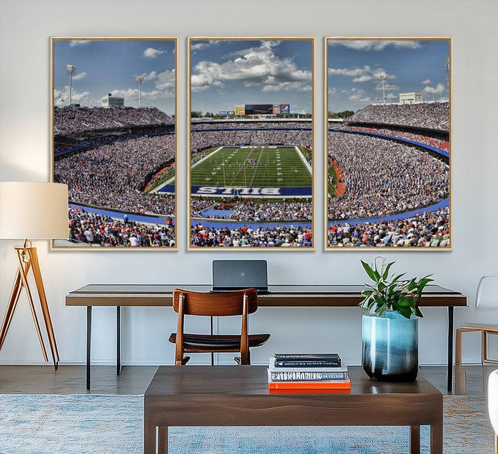 Our Buffalo Bills Game Day Canvas captures a vibrant scene at Highmark Stadium, with a lively crowd under a partly cloudy sky.