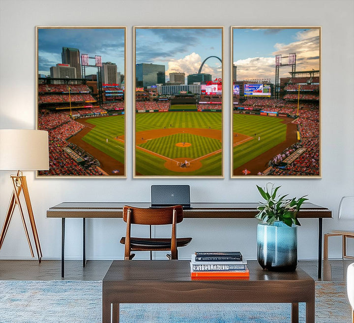 A Busch Stadium canvas print featuring a cityscape, ideal for enhancing living room or man cave sports decor.