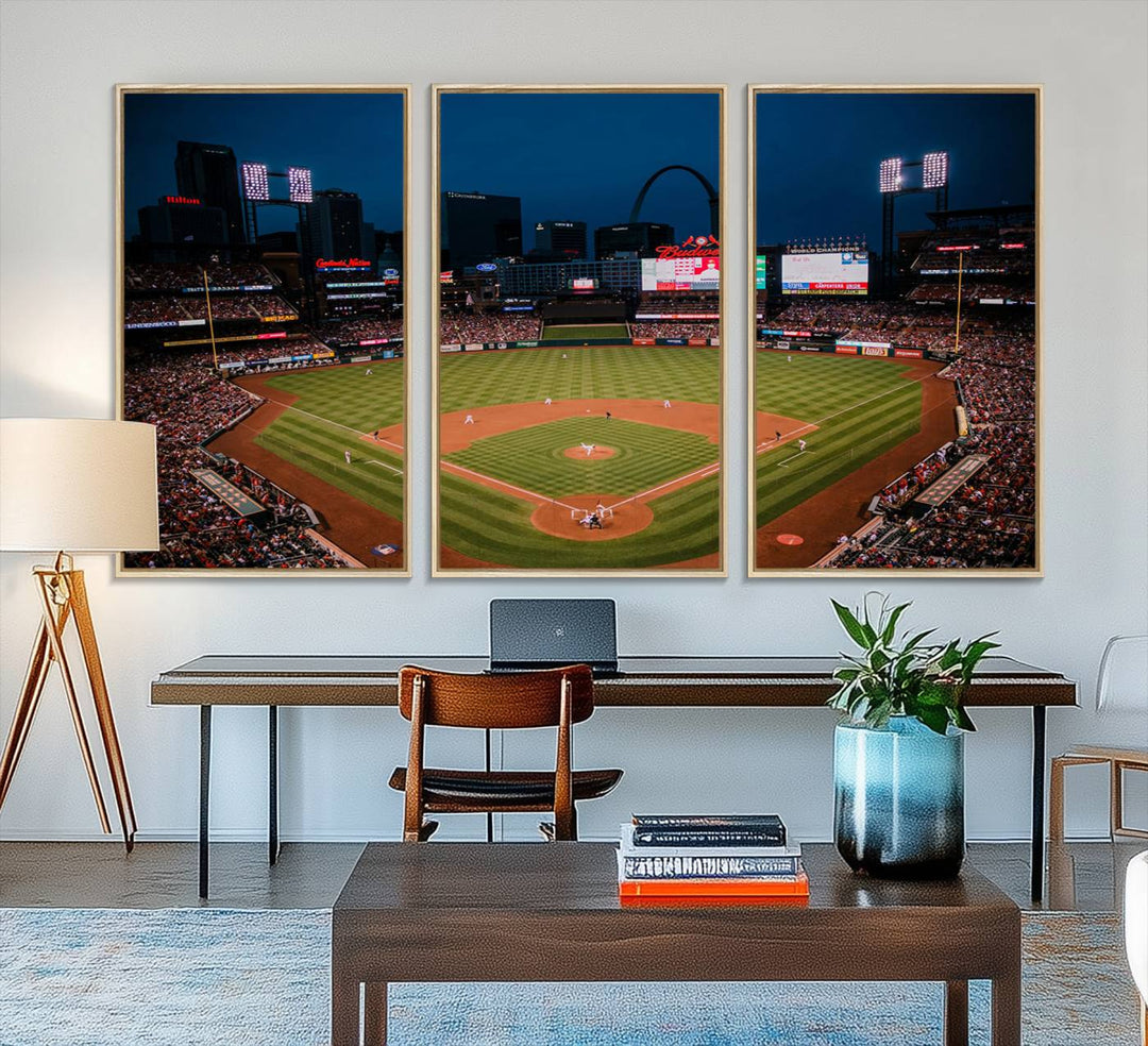 A St. Louis Cardinals Baseball Team print of Busch Stadium at night adorns the wall.