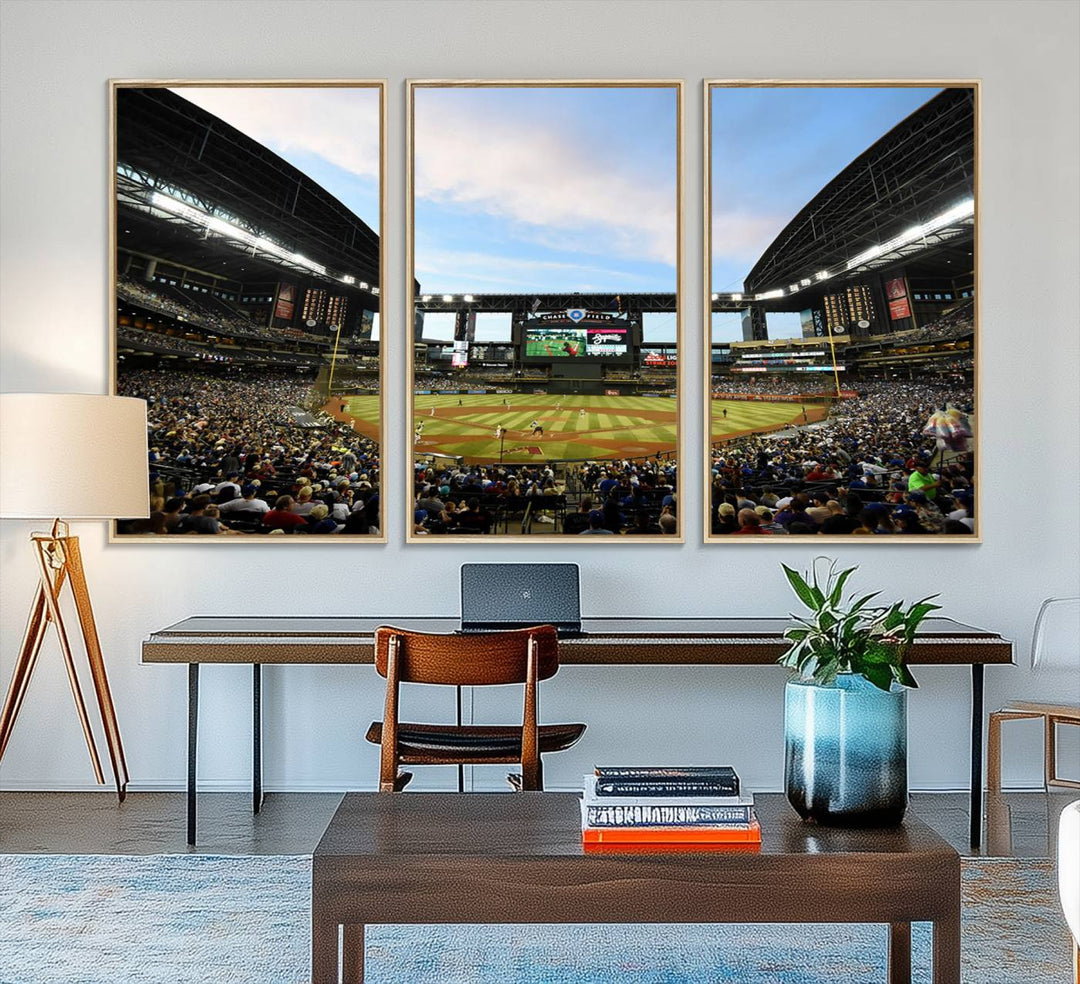 The wall art is an Arizona Diamondbacks Baseball Print depicting a packed Chase Field Stadium under a clear blue sky.