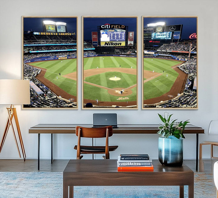 The wall is adorned with a 3-panel Citi Field Wall Art Print, framed for sports-themed decor.