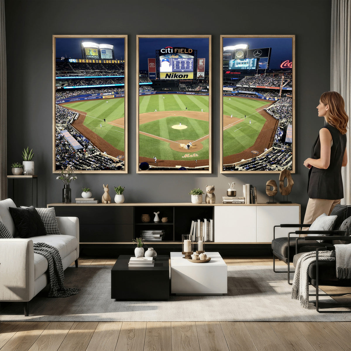 87666-MGV-CV-36X24 - Citi Field Wall Art Print | 3-Panel New York Mets Baseball Stadium Canvas Print | Framed Sports
