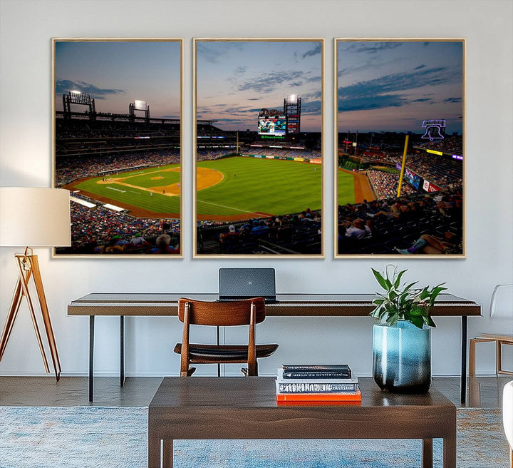 A wall art piece depicting the Philadelphia Phillies Citizens Bank Park Stadium at dusk.