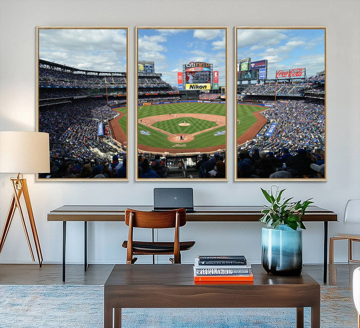 A wall art piece featuring a New York Mets Baseball Team print of Citi Field during a thrilling game under a blue sky.