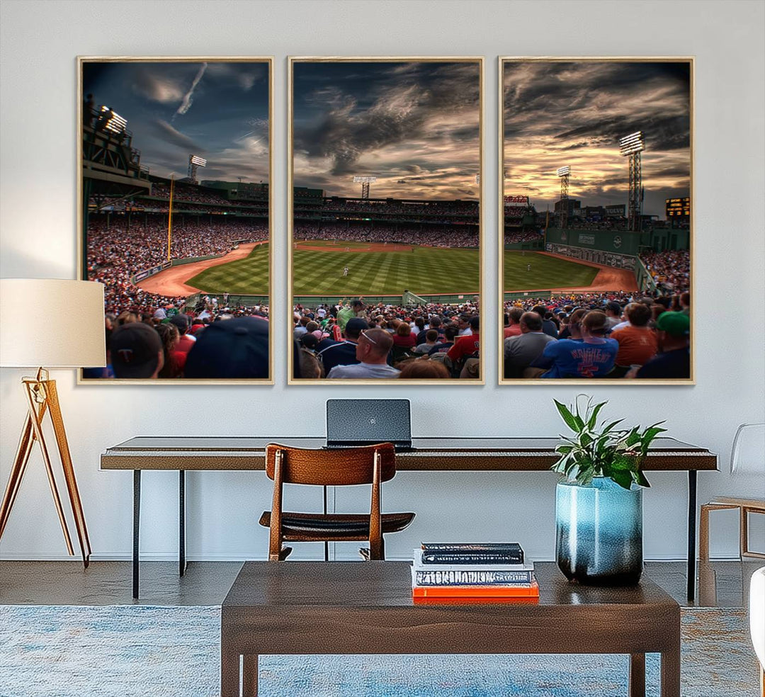 Boston Red Sox canvas print of Fenway Park at sunset, ideal for sports fans.