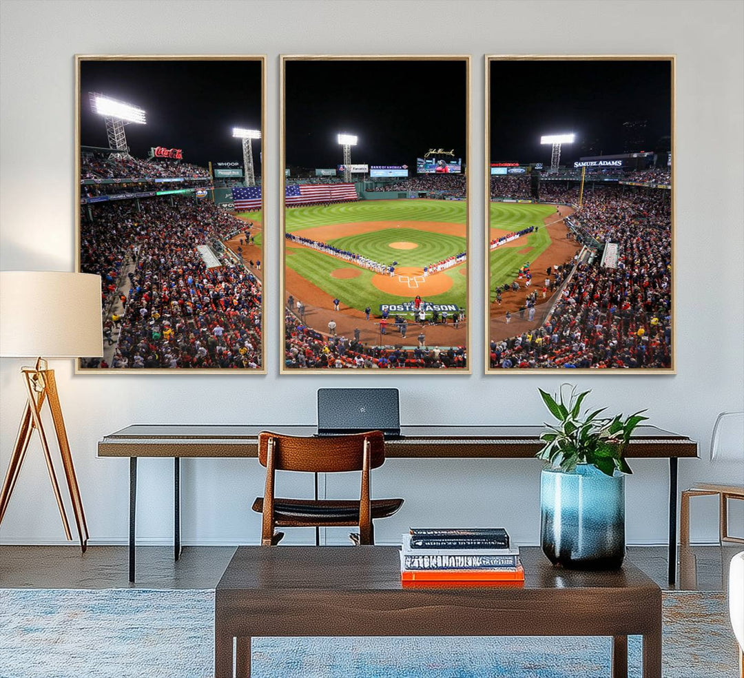 The Fenway Park Wall Art Canvas Print showcases a stunning aerial view of Bostons iconic ballpark at night, making it an ideal piece for any Red Sox enthusiast.