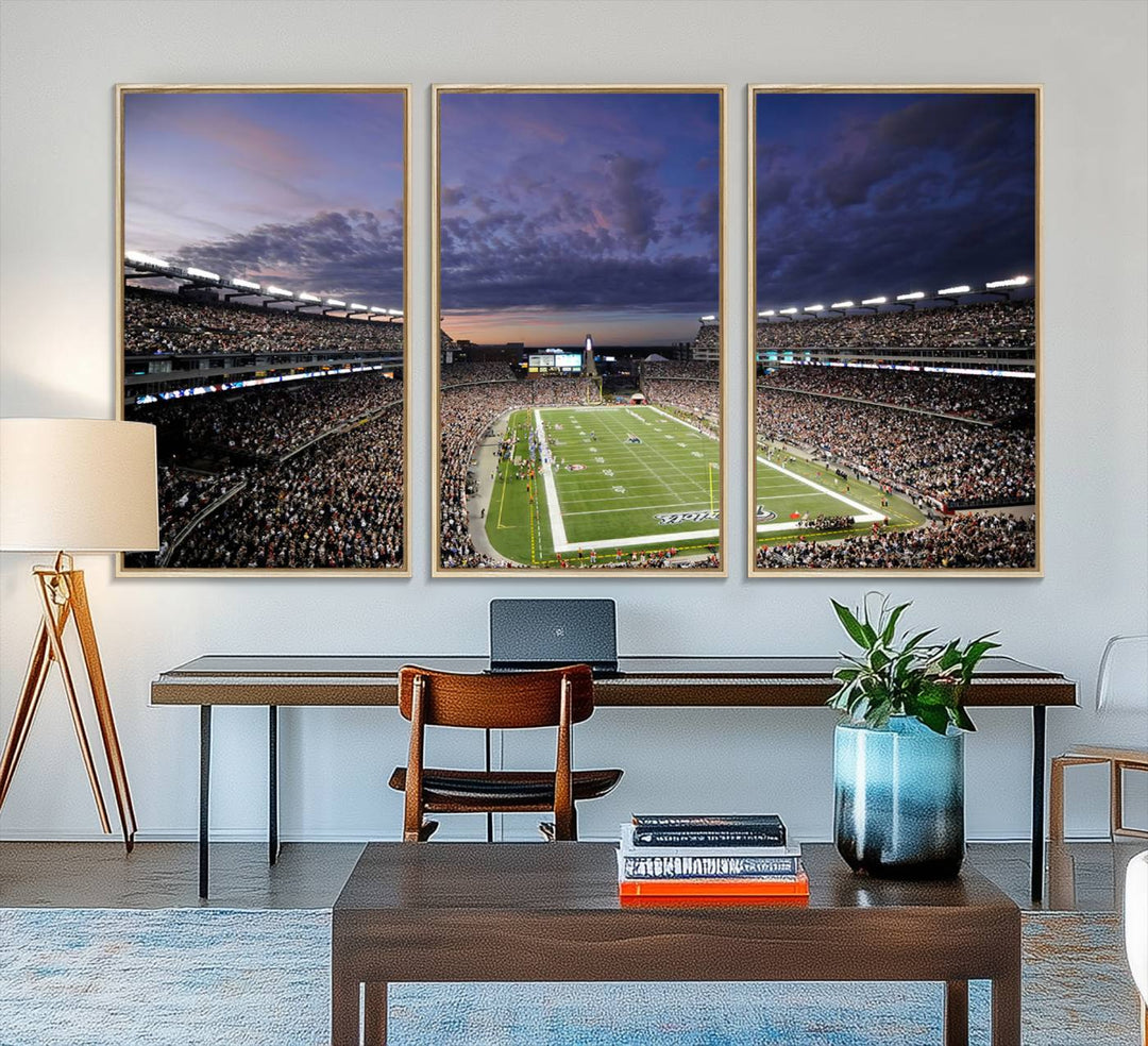 A large New England Patriots Foxborough Gillette Stadium wall art canvas print at sunset.