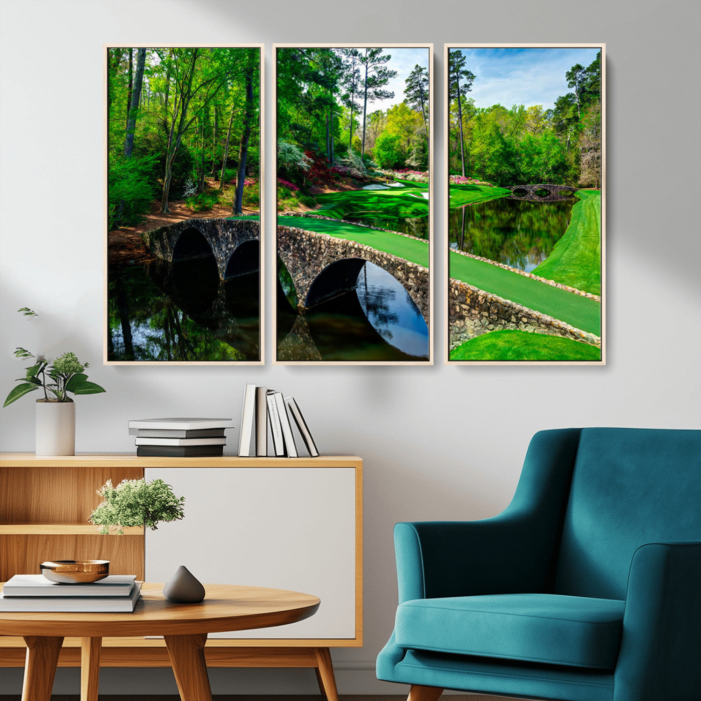 MGV-FC-48X32-3P - Augusta National Golf Club Wall Art - Panoramic Bridge & Lush Greenery – Premium Framed, Ready-to-Hang Triptych Canvas