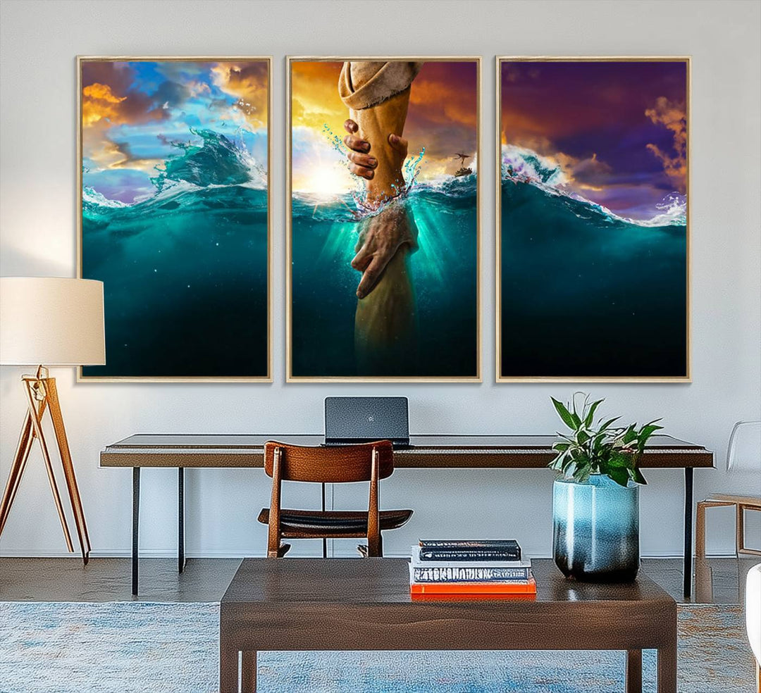 The God Hand Wall Art Canvas Print depicts hands reaching through water against a vibrant sky.