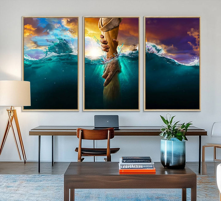 The God Hand Wall Art Canvas Print depicts hands reaching through water against a vibrant sky.