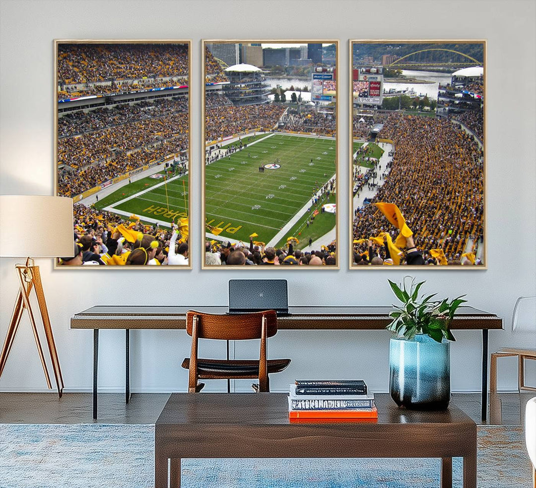 Heinz Field wall art and a cityscape serve as the backdrop.