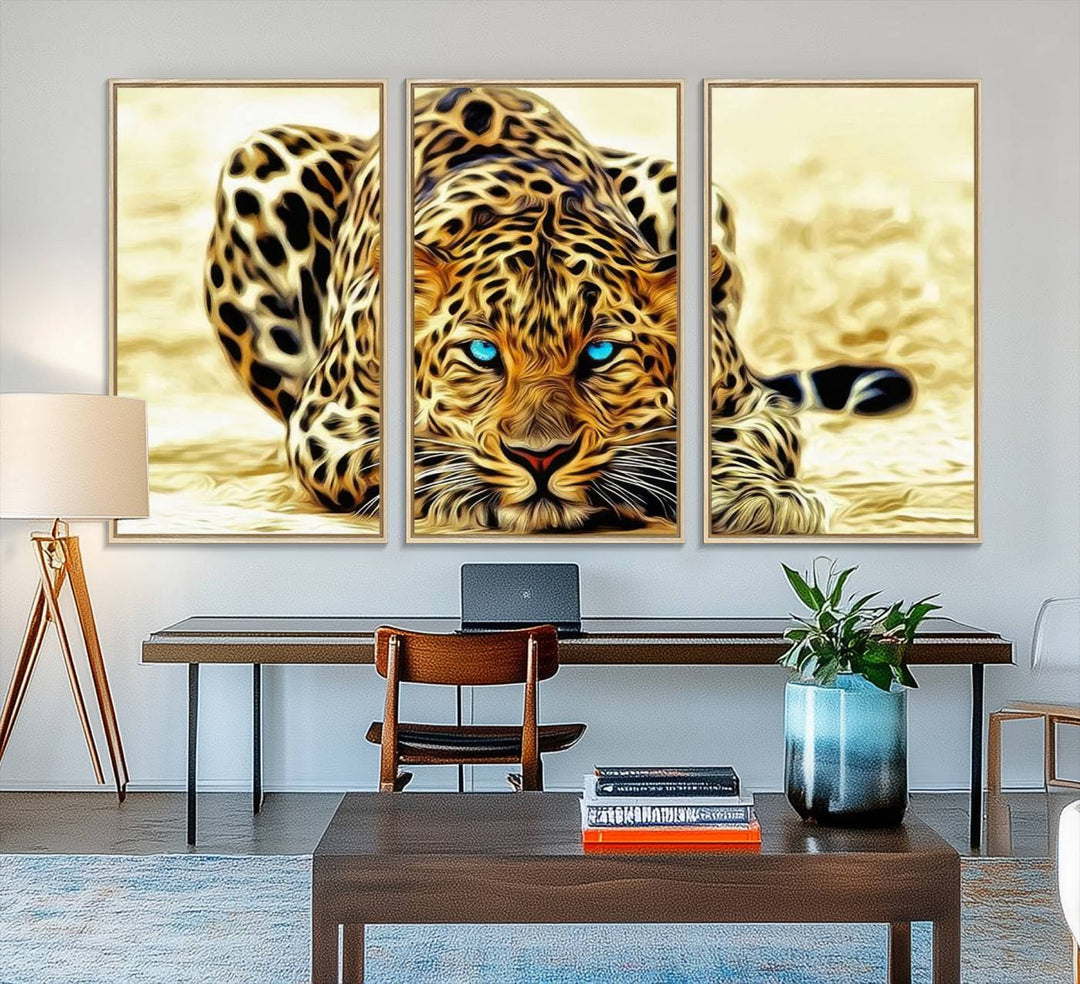 The Blue-Eyed Leopard Canvas Wall Art features a fierce and captivating design, perfect for wildlife enthusiasts. Its bold imagery makes it a striking decor piece, ready to hang.