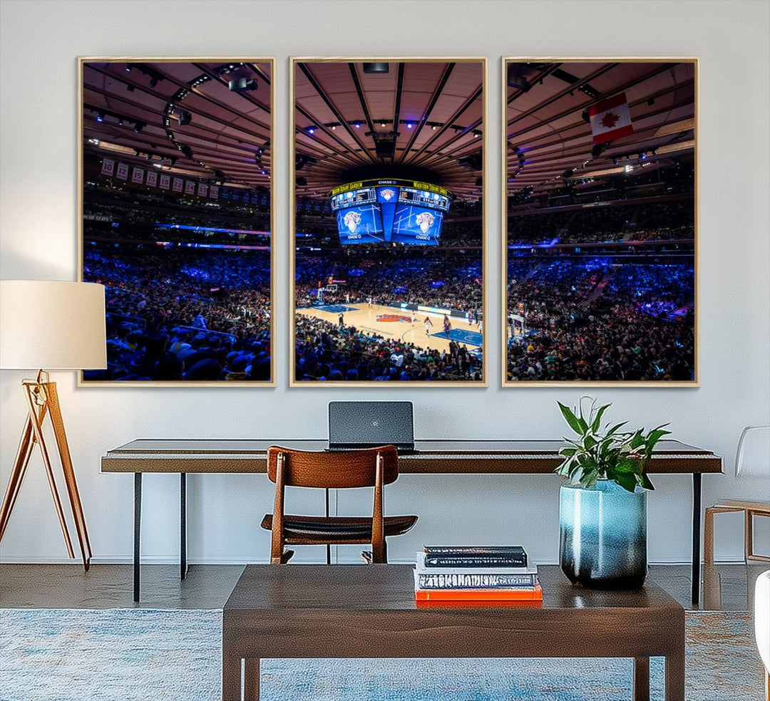 A print depicting an NBA game at Madison Square Garden, highlighting the scoreboard.