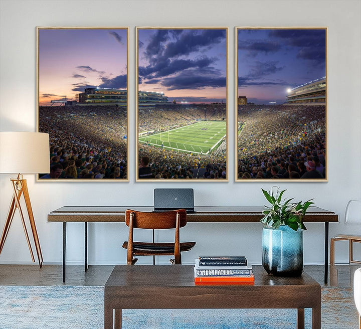 As the sun sets, a stunning backdrop highlights the Notre Dame Fighting Irish Football Team Print.