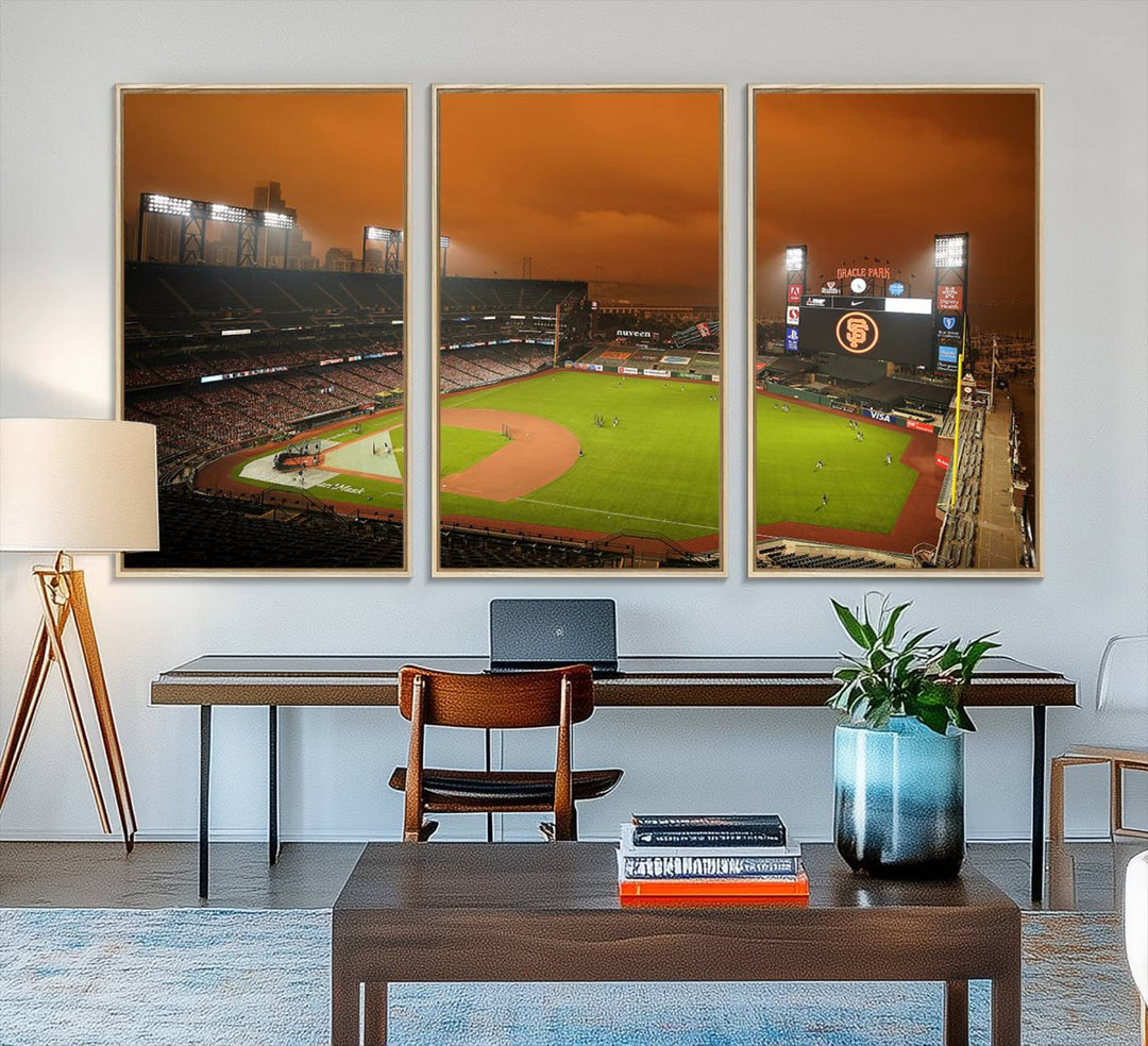 A canvas depicting an Oracle Park game with an orange sky, from SF Giants Stadium Wall Art.