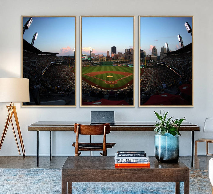 The PNC Park Evening Game Canvas, featuring a skyline backdrop, is displayed on the wall.