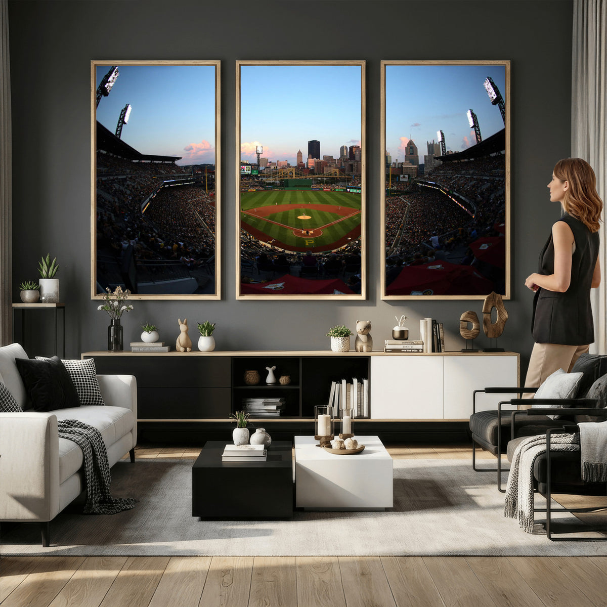 67670-MGV-CV-36X24 - PNC Park Evening Game Triple Canvas Wall Art | Pittsburgh Pirates MLB Stadium