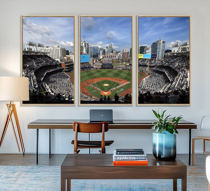 The San Diego Padres Baseball Canvas Print of Petco Park enhances the modern kitchen-dining area.