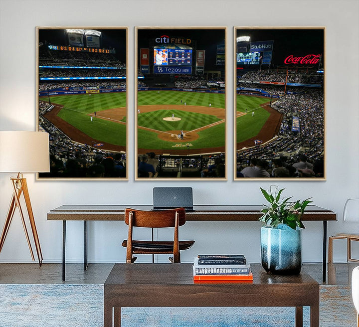 A print of the Oakland Athletics game at RingCentral Coliseum hangs on the wall.