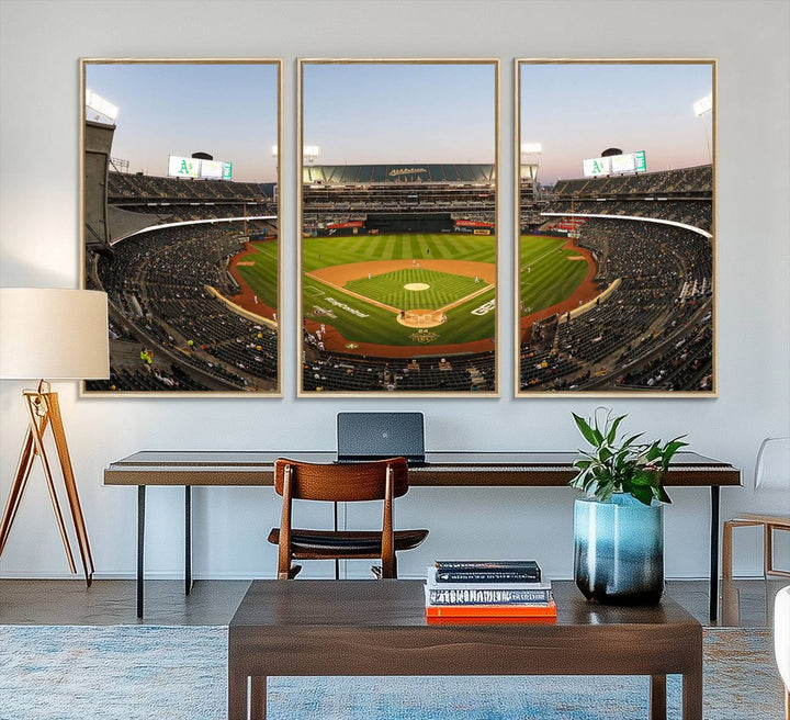 Oakland Athletics wall art canvas featuring the interior of RingCentral Coliseum Stadium.