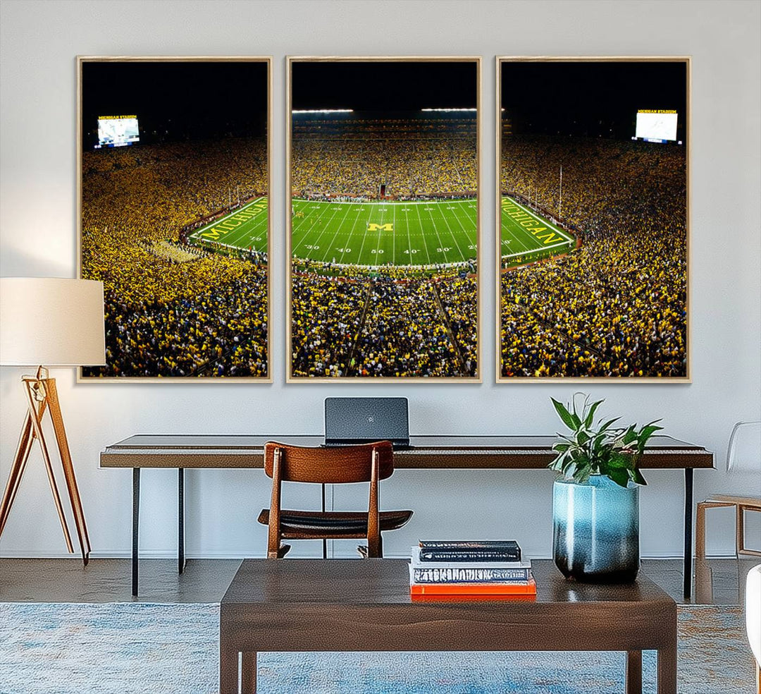 Aerial view of Michigan Stadium night game, ideal for Michigan Wolverines Football Team displayed on a triple canvas wall art.